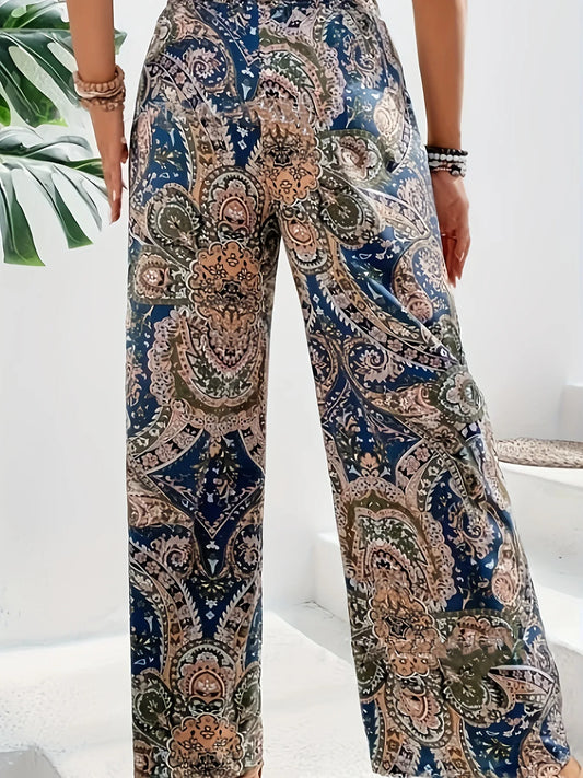 Bohemian High Waist Elastic Waist Printed Wide Leg Long Pants