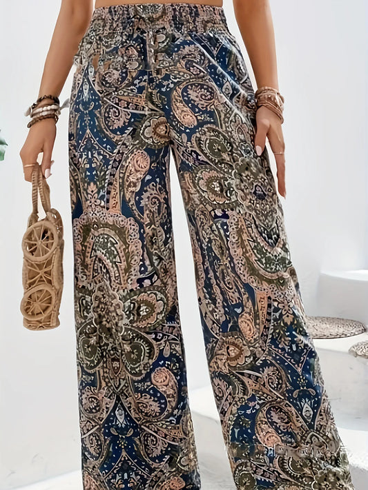Bohemian High Waist Elastic Waist Printed Wide Leg Long Pants